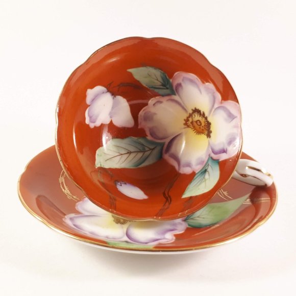 RARE !! Kyokuto Orange teacup and saucer with large flower Japan - Picture 3 of 11